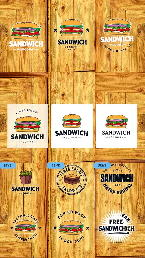 Creative Sandwich Logo Design Ideas Creative sandwich logo designs with various styles and colors on a rustic table.